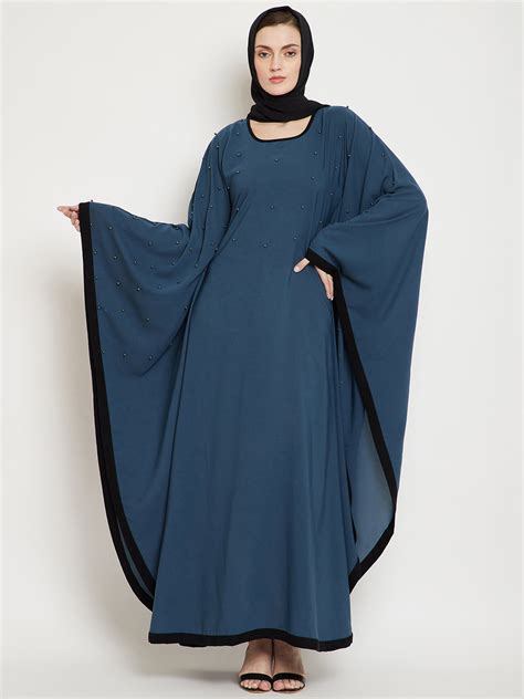 Nabia Grey Kaftan Abaya with Pearl Design with Georgette Scarf