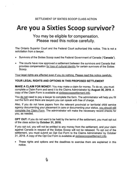 Fillable Online SETTLEMENT OF SIXTIES SCOOP CLASS ACTION Fax Email ...