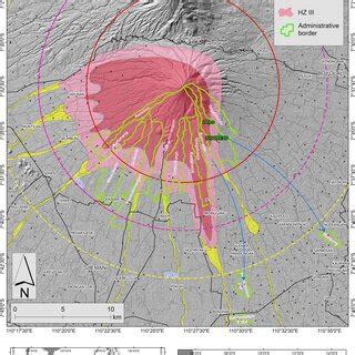 Hazard map of Merapi Volcano (updated after the 2010 eruption). Red,... | Download Scientific ...