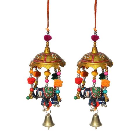 Handicrafts Paradise Umbrella with Elephant Painted and Metal Bell ...