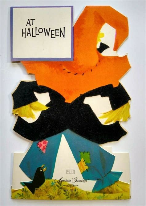 Vintage Halloween Greeting Card Flocked Diecut Standup Scarecrow ...