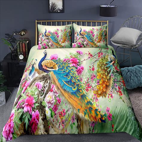 Colorful peacock aesthetic bedding set full, luxury duvet cover queen ...