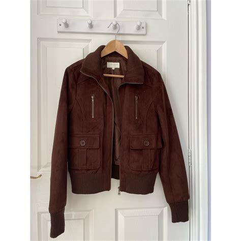 Chocolate brown faux suede bomber jacket with brassy... - Depop