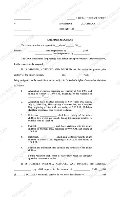 Louisiana Amended Judgment of Custody, Visitation, Restraining Orders ...