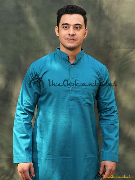 Blue Cotton Mens Kurta Lucknawi Chikankari Handmade