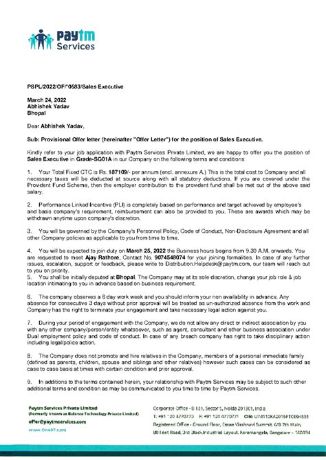 Offer Letter - Abhishek Yadav - CA5308249038 - PSPL/2022/OF/*0683/Sales ...