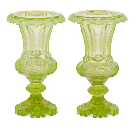 Pair of Antique 19th Century Bohemian Green Cut Glass Vases For Sale at ...