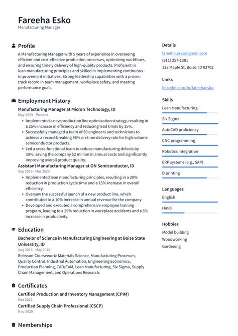 Manufacturing Resume Examples 的图像结果