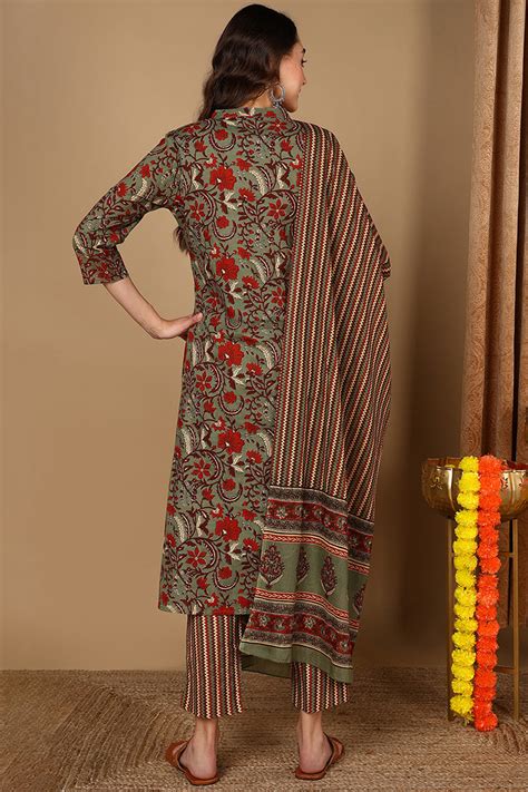 Green Pure Cotton Floral Printed Angarkha Suit Set VKSKD2067 – Ahika