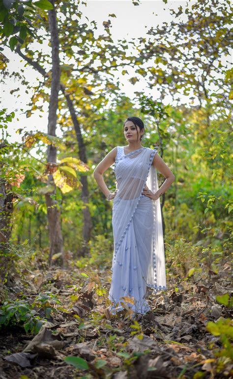 Moonlight Powder Blue Ribbonwork Roses Silk Chiffon and Net Saree ...