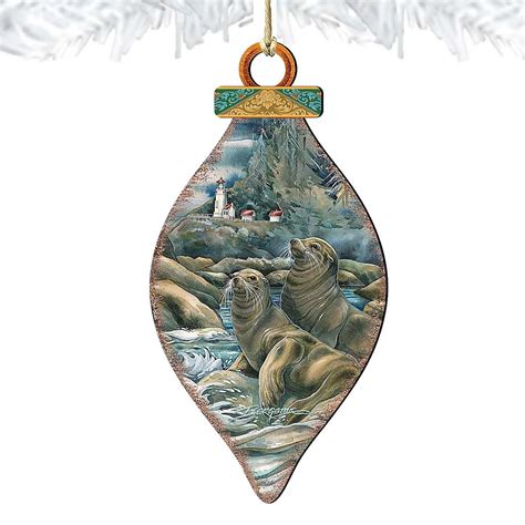 Set of 2 - Lions of the Sea Lighthouse Caves Wooden Holiday Ornaments ...