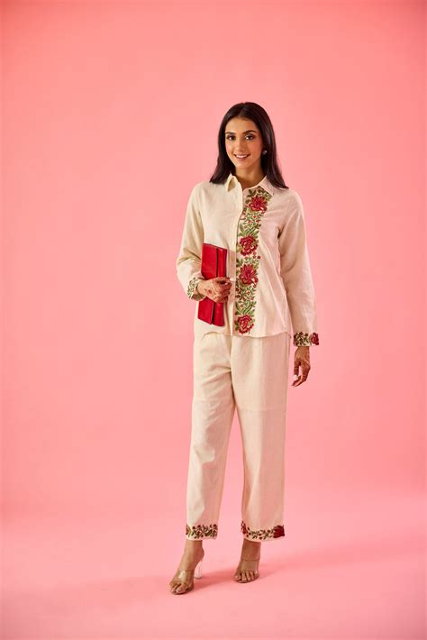 Fleur Off White Linen Embroidered Co-ord Set