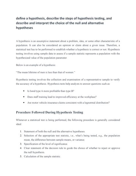 Hypothesis Testing - define a hypothesis, describe the steps of ...