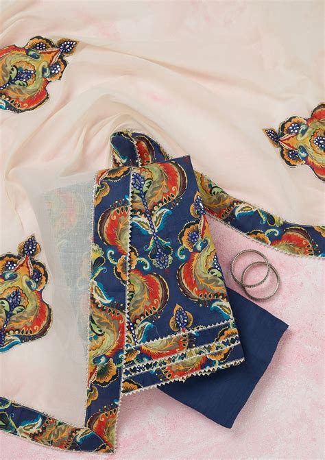 Buy Peacock Blue Threadwork Cotton Unstitched Salwar Suit - Koskii