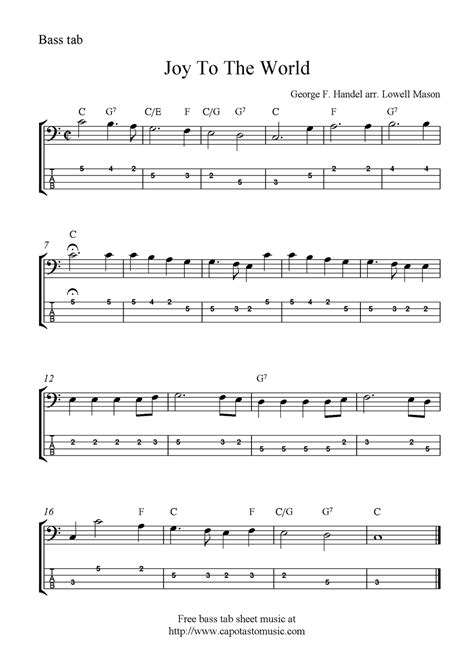 Easy Sheet Music For Beginners: Joy To The World, free Christmas bass tab sheet music notes