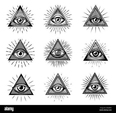 Illuminati eyes with mason pyramids. Triangle providence symbols with ...