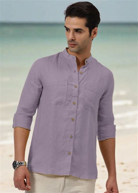 Double Pocket Mandarin Collar Pure Linen Full Sleeve Shirt for Men ...