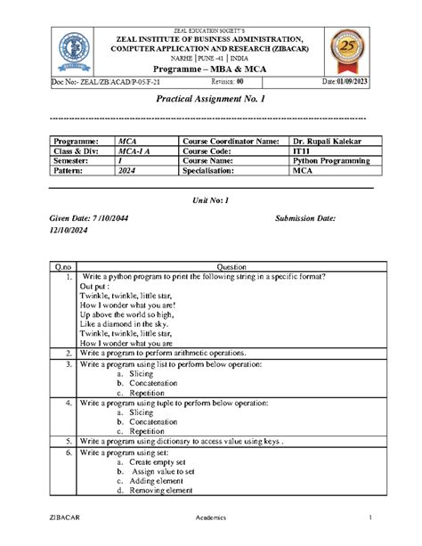 python and dsa - ZIBACAR Academics 1 Practical Assignment No. 1 ...