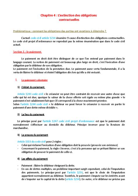 L'extinction des obligations - Chapitre 4 : L’extinction des obligations contractuelles - Studocu