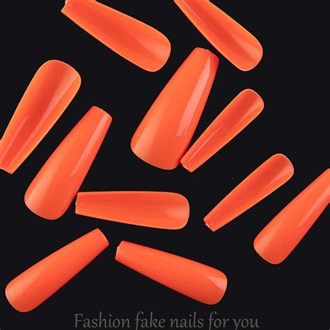 Buy Outyua 100Pcs Orange Coffin Press on Nails Extra Long Glossy Fake ...