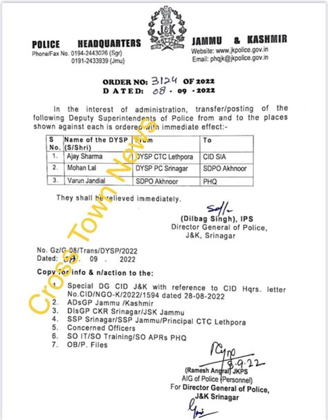 J&K Police orders transfers and postings of DSPs