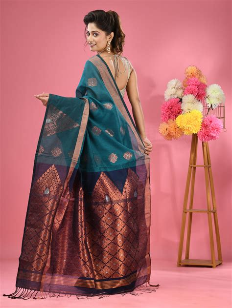 Teal Cotton Blend Handwoven Saree With Nakshi Designs – Charukriti