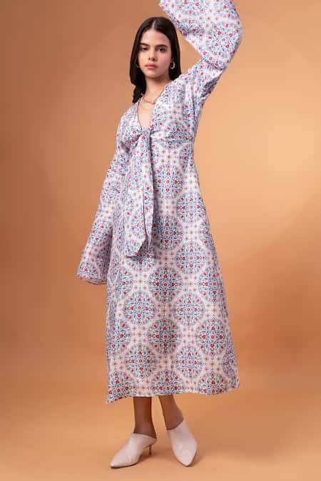 Buy White Cotton, Linen V-neck Floral Mandala Print Dress For Women by ...