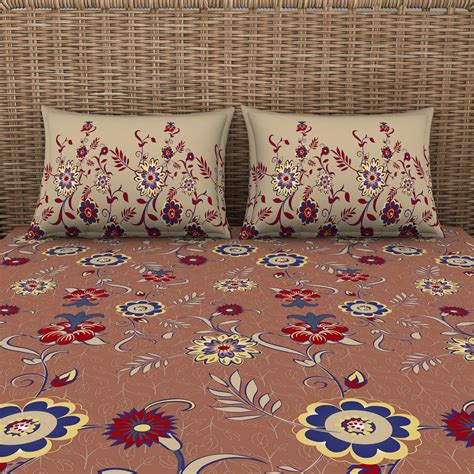 Buy SPACES Adonia Brown Printed Cotton King Bedsheet Set - 224X274cm ...
