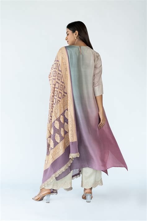 Sage Green Mauve Ombre Kurta with heavy Banarasi Bandhej Dupatta ...