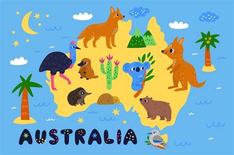 Mapa zwierząt Australii Egzotyczna urocza fauna Zabawny dziobak i koala ...