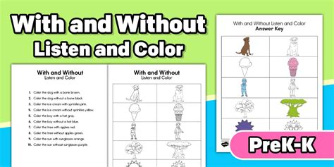 With and Without: Listen and Color Worksheet for PreK-K