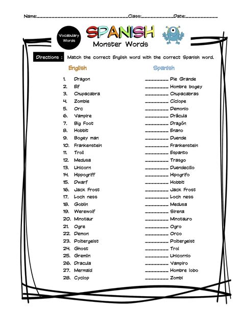 Spanish Monster Vocabulary Matching Worksheet & Answer Key | Made By ...