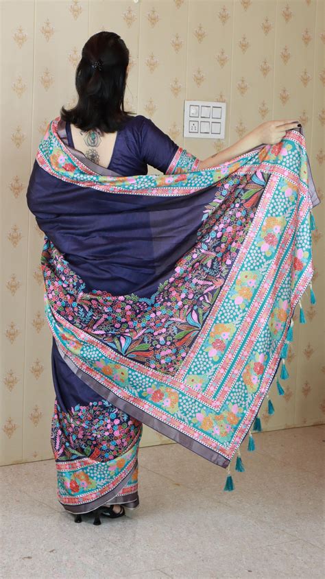 Navy Blue Tussar Silk Floral Printed Saree with Zari Woven Border ...