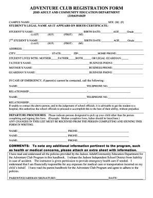 Fillable Online judsonisd Adventure club registration form - Judson ...