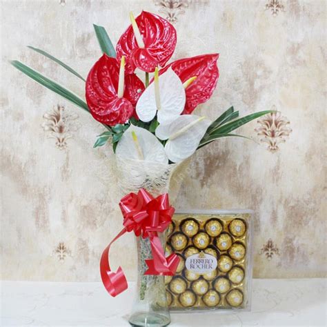Send Red N White Anthuriums with Chocolates Online - GAL22-108279 ...