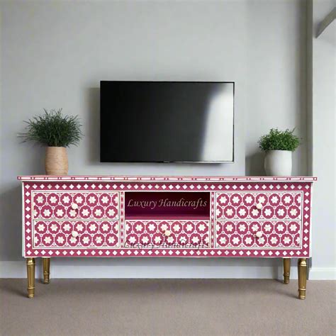 Flower Bone Inlay TV Unit with Drawers Pink – Luxury Handicrafts