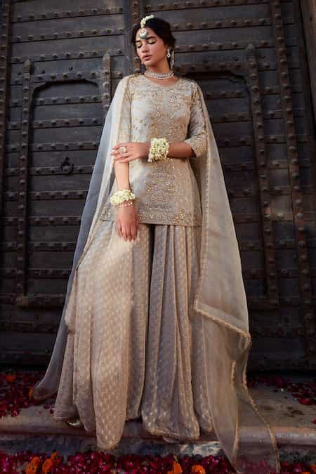 Buy Ivory Georgette, Organza Gota Patti, Pearls Round Embroidered Kurta ...