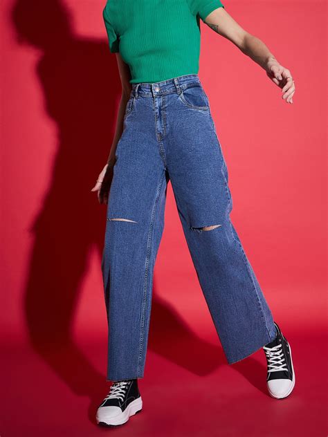 Buy Women Navy Denim Premium Knee Slit Straight Jeans Online at Best ...