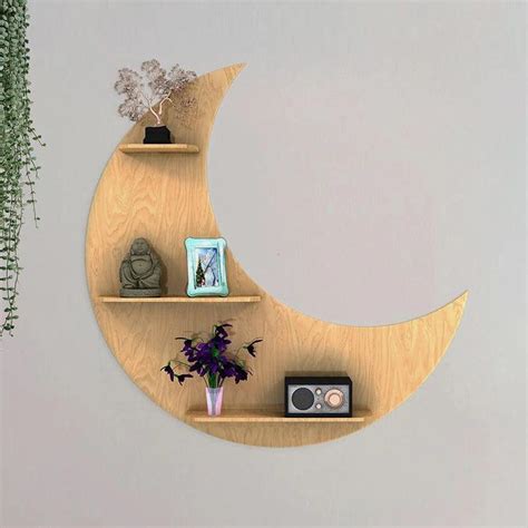 Moon Backlit Designer Wooden Wall Shelf / Book Shelf, Oak Finish ...