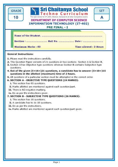 Grade 10 IT-402 Pre-Final Exam Set A Question Paper - Studocu