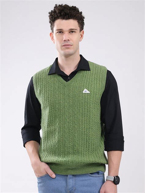 Buy Men Green Self Design V Neck Sleeveless Sweater Online in India ...