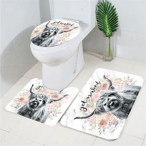 Buy JAWO Get Naked Bath Mat Set, Farmhouse Highland Cow Bull, Bathroom ...