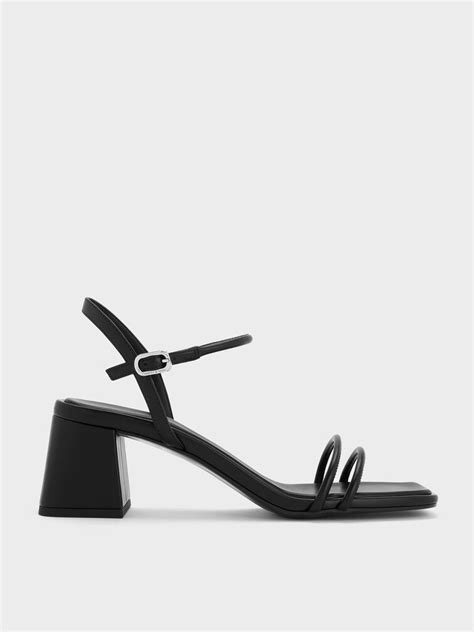 Black Strappy Trapeze-Heel Sandals - Black - CHARLES & KEITH IN
