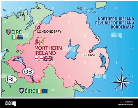 Northern Ireland and Eire map with border, flags and national symbols ...