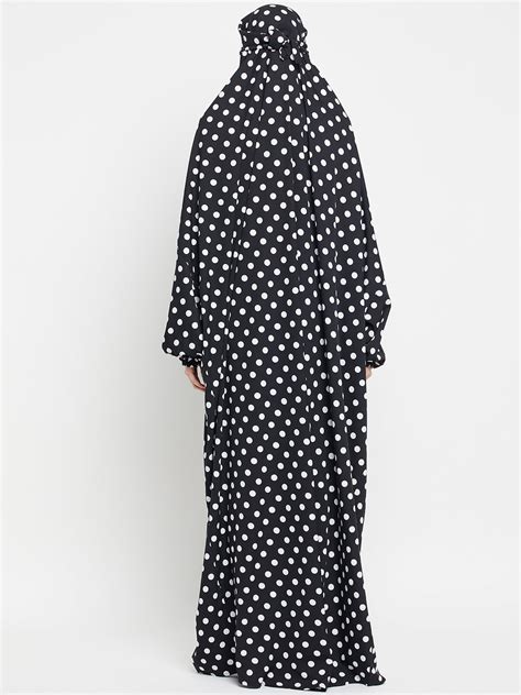 Nabia Black and White Polka Dot Printed Free Size Jilbab Abaya for Gir