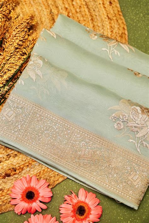 Designer Sage Green Organza Saree