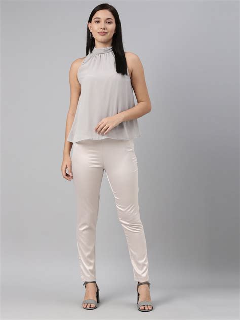 Women Solid Rose Gold Mid Rise Shiny Pants