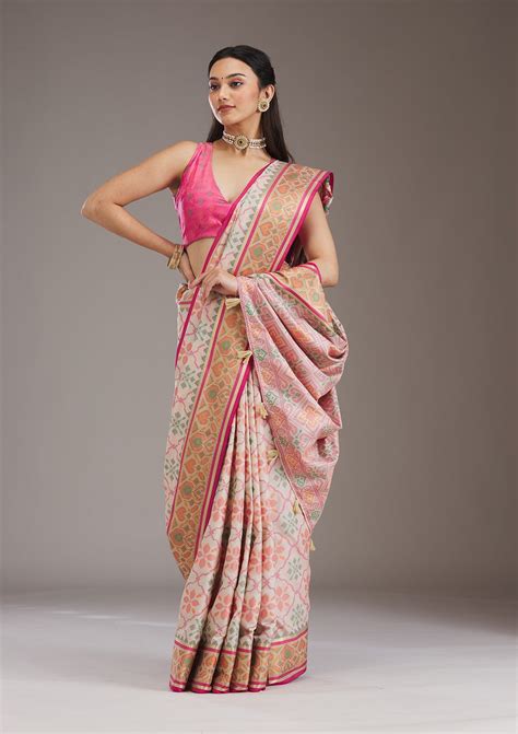 Buy Cream Threadwork Art Silk Saree - Koskii