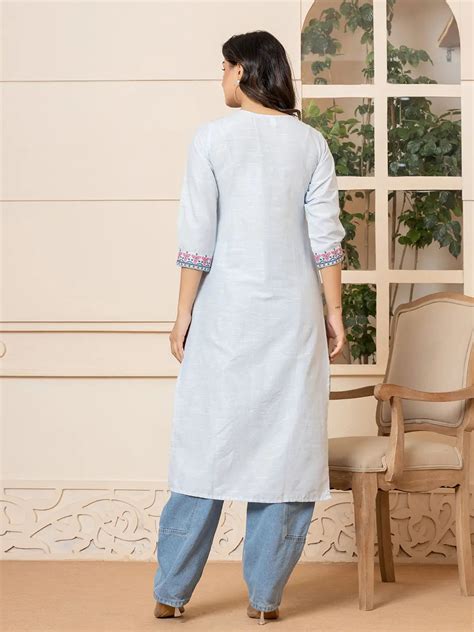 Linen Sky Blue Embroidery Straight Kurta – Yufta Store