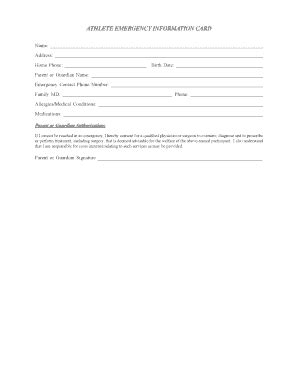 Fillable Online nfaschool ATHLETE EMERGENCY INFORMATION CARD Name ...